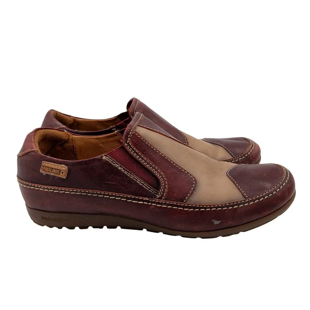 Pikolinos Lisboa Burgundy Tan Leather Colorblock Slip On Loafers 39 Womens 8.5-9